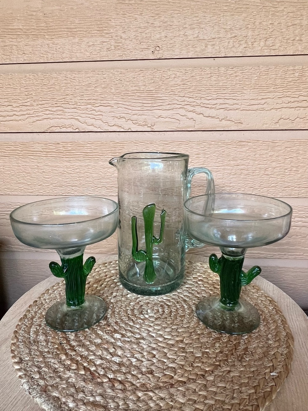 2 Mexican Handblown Green Cactus Margarita Glasses And 1 Beverage Pitcher